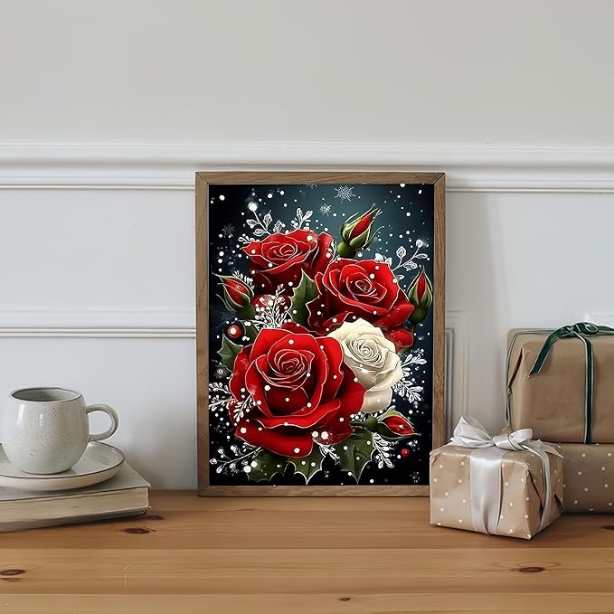 Diamond Art Kits for Adults Elegant Red Roses Snowflakes, DIY 5D Diamond Painting Kit for Beginners, Full Round Drill Gem Art Dots for Adults, Diamond Dots Paintings Crafts Home Wall Decor 12X16 Inch
