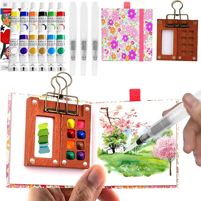 Pocket Wooden Paint Palette with Metal Clip, Water Colour Paints Sets with Sketchbook & Water Pen for Painters,Artists,Beginner (Rose-12 Colors, S-8 Grids)