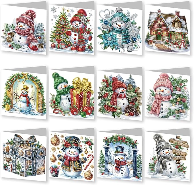 YOKUSHI 12 PCS Diamond Art Painting Christmas Greeting Cards with Envelopes, Snowman Craft DIY Card Making Kits for Adults Gifts (White)