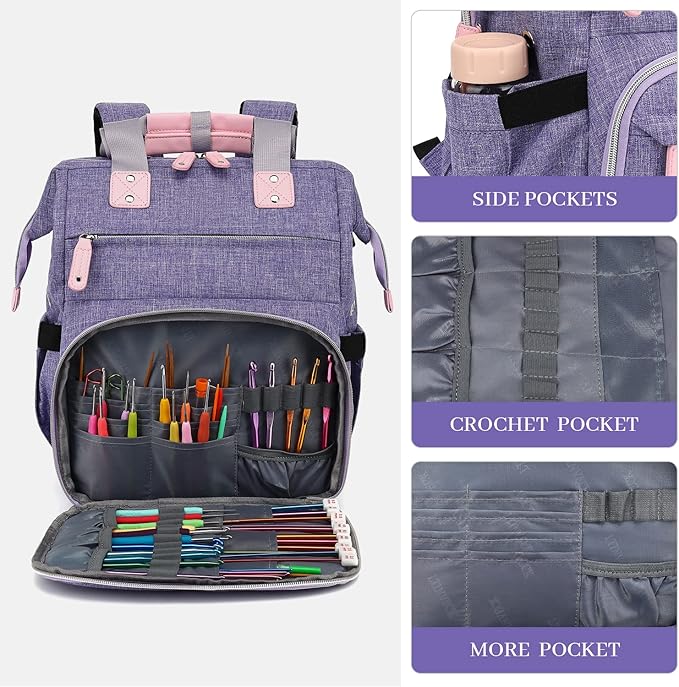 LTINVECK Crochet Backpack,Knitting Bag Backpack Yarn Storage Organizer Travel Crochet Bag,Large Yarn Tote Bag Yarn Holder Case for Knitting Needles,Crochet Hooks,Crochet Accessories