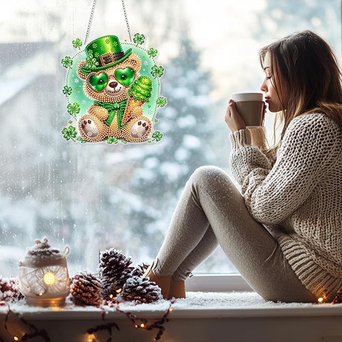 GHHKUD Bear Diamond Art Hanging Kit for Adults, DIY Double Sided Diamond Painting Hanging St.Patrick's Day, Special Shaped Acrylic Ornaments Pendants for Window Home Garden Wall