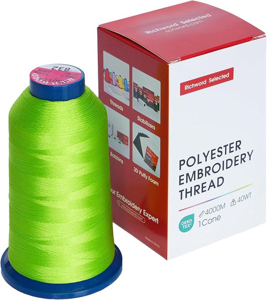 Poolin Embroidery Machine Thread Richword Selected Green 4000M 40WT Polyester Embroidery Thread – Smooth, Strong Single Spool for Home & Commercial Machines 0832