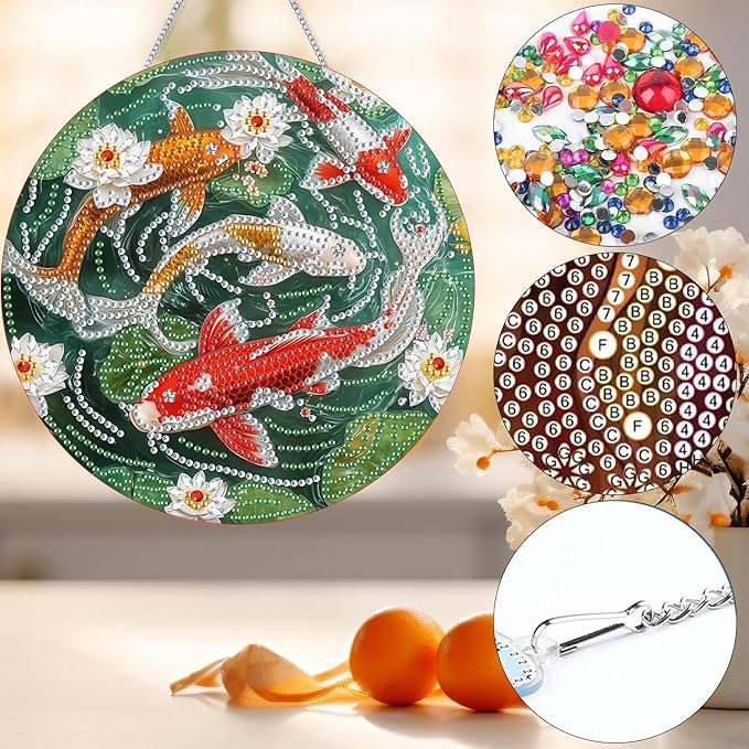 Bimkole Koi Diamond Art Hanging Kit for Adult, DIY 5D Diamond Art Goldfish Window Pendant, Acrylic Crystal Art Hanging Ornament Home Wall Garden Front Door Sign Outdoor Decor 7.8x7.8 Inch