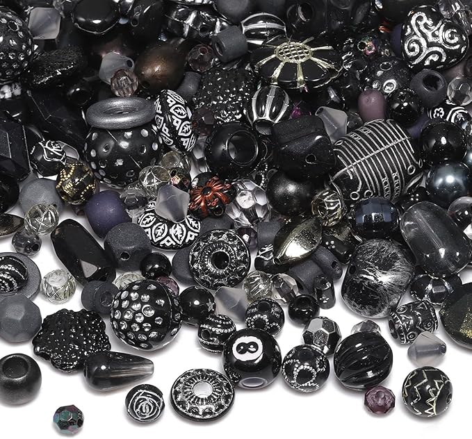 7.5 OZ Assorted Vintage Acrylic Beads for Jewelry Making, Song Xi Unique Flower Rose Czech Beads for Bracelet Earrings, Bohemia Style, Bulk, DIY Holiday Gift (240-260 PCS, Black)