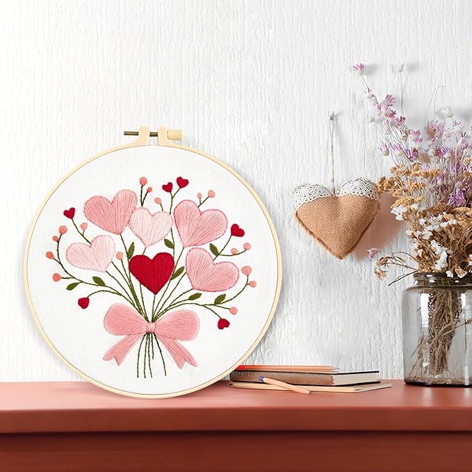 Heart Flower Embroidery Kits for Beginners Adults, Pink Embroidery Starter Kits, Counted Cross Stitch Kits for Adults Anniversary Valentine's Day Gift, Embroidery Hoops, Fabric Thread & Video Tutorial