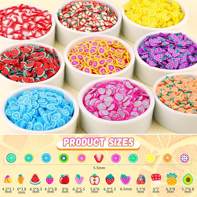 24-Grid TINKRSTUFF Fruit Slice Polymer Clay Slime Add Ins for Nail Art Fimo, Fake Sprinkles Scrapbooking Embellishments & Lip Gloss, Bulk Slime Mix Ins Assorted Fruits Accessories for DIY Crafting