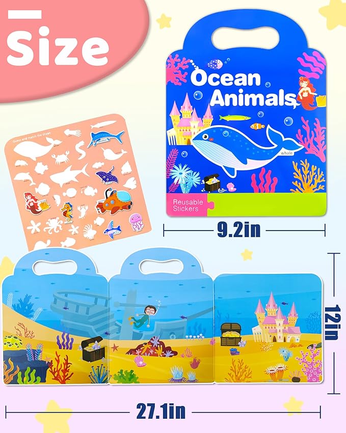 benresive reusable sticker books for kids, sticker books for toddlers, toddler travel toys activities crafts ages 3 and up birthday gifts - ocean