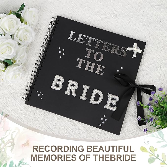 12 x 12 Inch Letters to The Bride Scrapbook Wedding Scrap Book Letters To The Bride Book Bridal DIY Blank Paper Scrapbook Photo Album with Pearl Stickers, Metallic Letters, Bows(Black)