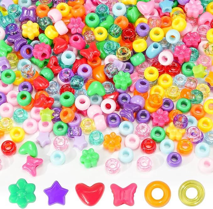 Rainbow Pony Beads Mix 1000pcs Easter Basket Stuffers, Hearts Flowers Stars Butterflies Assorted Bead Charms Set, Colorful Craft Beads for Bracelets Jewelry Making DIY Art Projects