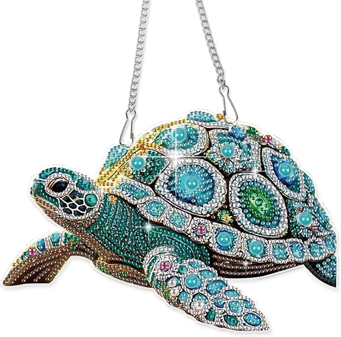 DIY Diamond Painting Sea Turtle Hanging Ornament Kit – 5D Crystal Turtle Wall Art Craft with Chain – Ocean Animal Rhinestone Suncatcher Decoration for Home Window Door Balcony Gift Idea