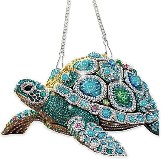 DIY Diamond Painting Sea Turtle Hanging Ornament Kit – 5D Crystal Turtle Wall Art Craft with Chain – Ocean Animal Rhinestone Suncatcher Decoration for Home Window Door Balcony Gift Idea