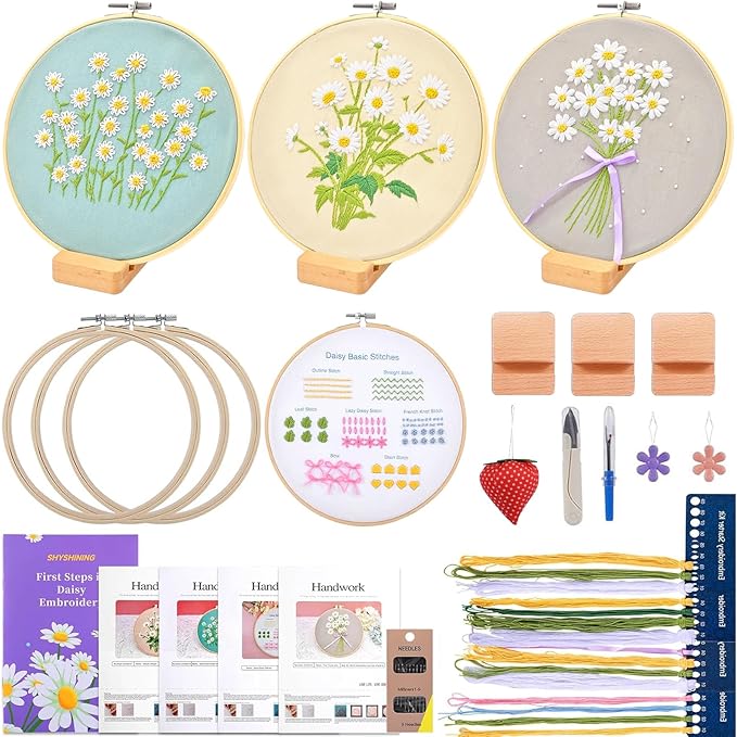 Shyshining Embroidery kit for Adults Beginners,4 Stitch Patterns with 3 Bamboo Hoops & 3 Hoop Stands,Cross Stitch Kits for Adults,Needlepoint Kits,Hand Craft,Step by Step Instructions & Video