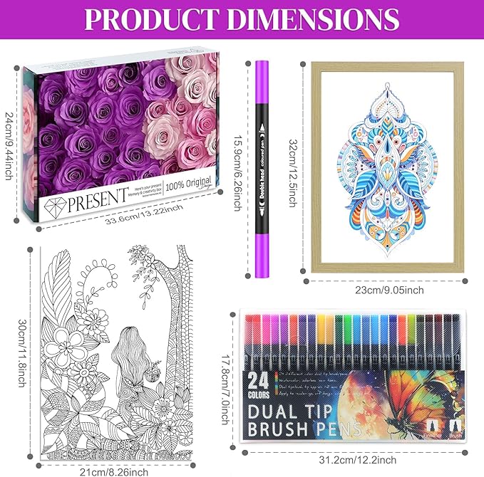 Adult Coloring Book with 24 Dual Tip Colors Markers, 12 Pcs Premium Coloring Pages & 2 Pcs Wooden Photo Frames & 24 Colors Markers, Mindfulness Art-Painting-Kits Gifts for Women - Flowers