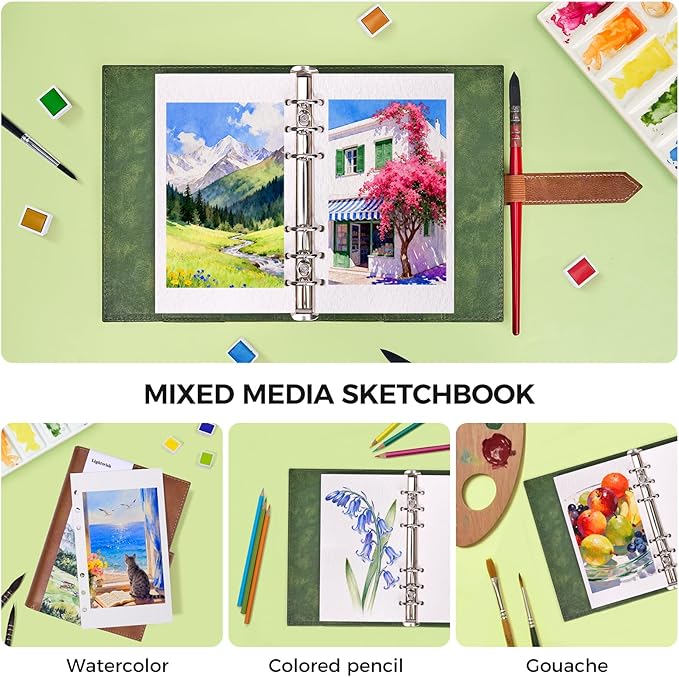 Lightwish Watercolor Sketchbook, 100% Cotton 300gsm Cold Press, 6.69" x 3.94", 20 Sheets, Binder Bound & Refillable, Acid Free Paper for Artists, Adults, Students, Travel Art Journal