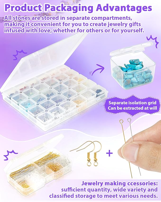 FIVEIZERO Jewelry Making Kit - 1956 PCS Natural Chip Stone Beads(25 Colors, 4-12mm) with Crystal Beads, Metal Charms, Jump Rings & Earring Hooks for DIY Bracelets, Necklaces, Earrings