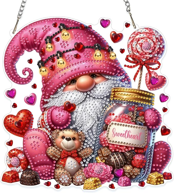 GHHKUD Gnome Diamond Art Hanging Kit for Adults, DIY Double Sided Diamond Painting Hanging Valentines Lollipops Kits Adults, Special Shaped Acrylic Ornaments Pendants for Window Home Garden Wall