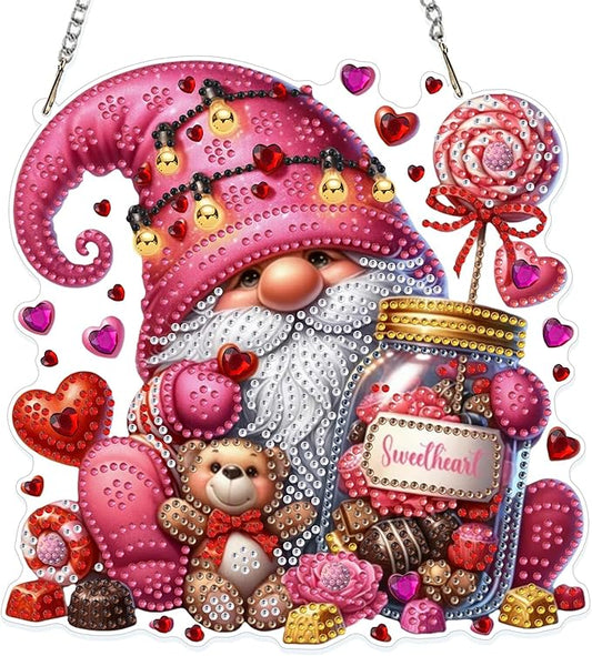 GHHKUD Gnome Diamond Art Hanging Kit for Adults, DIY Double Sided Diamond Painting Hanging Valentines Lollipops Kits Adults, Special Shaped Acrylic Ornaments Pendants for Window Home Garden Wall