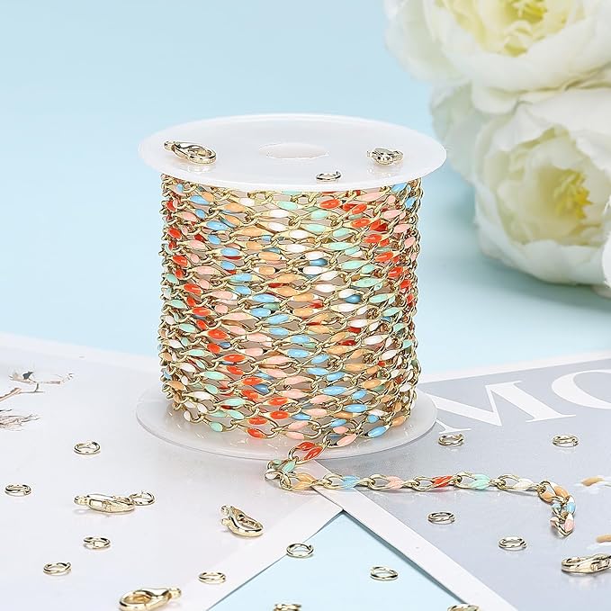 YOUBEIYEE 2 Meters Colorful Enamel Chains Bulk Gold Plated Brass Chain for Jewelry Making Supplies