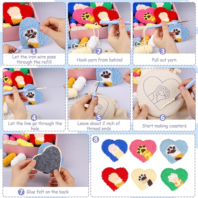 AIRDEA Punch Needle Drink Coasters Kit,Casual Punch Needle Embroidery Complete Kits for Beginner 3.29x3.29 Inches,Included All Accessories,DIY Car Coasters (Box-red Blue Beige)