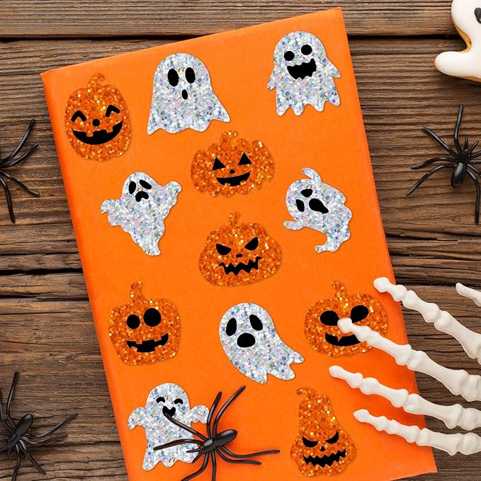 beyumi halloween pumpkin ghost stickers - 1000pcs halloween laser pumpkin ghost boo stickers in 2 rolls holographic sparkly glitter adhesive decals gift party school classroom envelope decor for kids