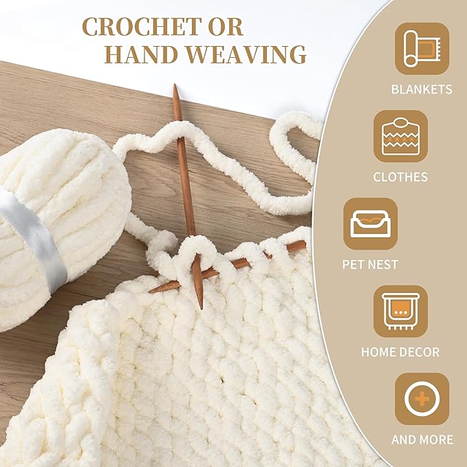 8 Packs Jumbo Chenille Chunky Yarn, 2045g (72oz) 245 Yards (224m) for Crocheting & Knitting, Handcrafts & Blanket Yarn (Cream, 8 Pack)