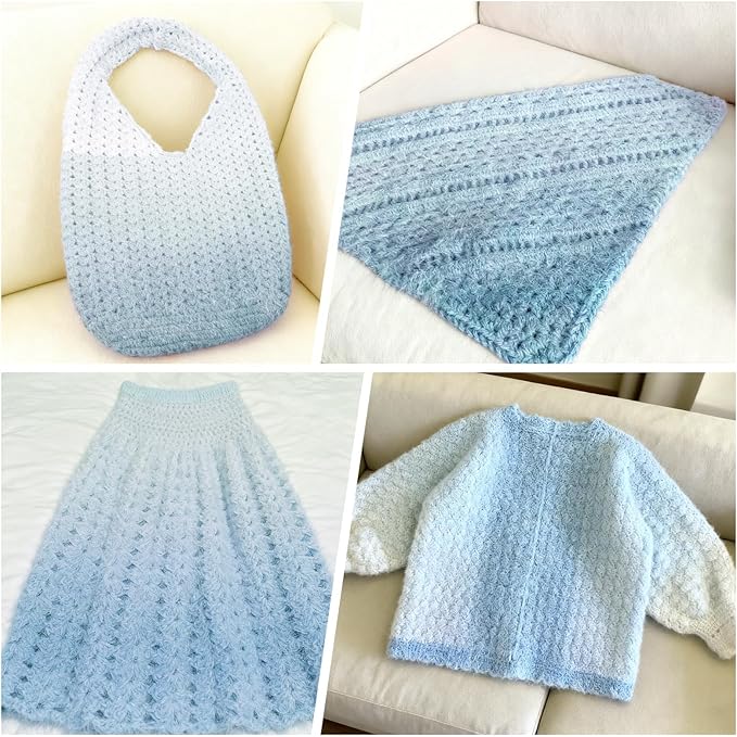 3 Pack Ombre Yarn for Crocheting, 80g/2.65oz Fluffy Soft Acrylic Gradient Yarn Cakes, #4mm Hook, Large Cloud Feel Yarn for Beginner Knitting, Star Blanket, Scarf, Shawl Garment DIY Crafts (Blue)