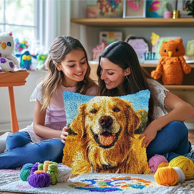 DIY Latch Hook Pillow Kits Golden Retriever Dog Printed Pillowcase Crochet Yarns Hooking Handmade Pillow Cover Cushion for Home Sofa Decoration 17x17inch-1