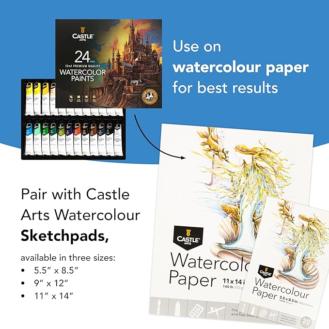 Castle Art Supplies 24 X 12ML Watercolor Paint Set | New Improved Formula | Value for Adult Artists | Quality, Intense Colors | Just Squeeze the Tube, Mix with Water and Get Creative (New Improved Formula)