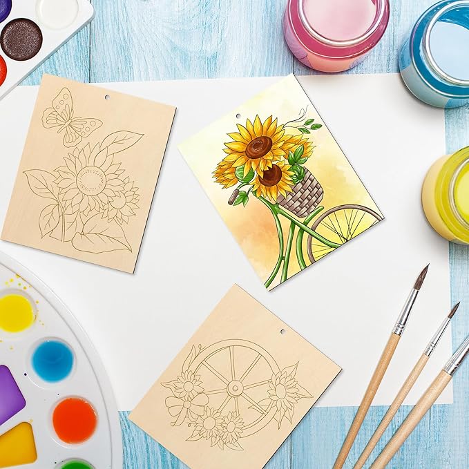 COCHIE 10 Pieces Large Sunflowers Unfinished Wood Crafts to Paint for Adults, Bulk Predrilled Wooden Ornaments for Painting, Summer Sunflower Paintable Wood Slices Craft Supplies with Ropes