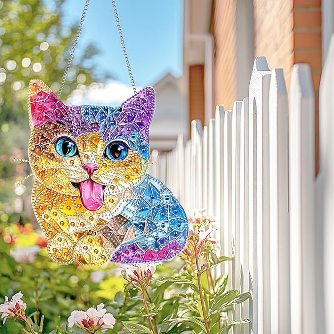 Wergund 5D DIY Cat Diamond Art Hanging Kits, Hanging Diamond Art Animal, Acrylic Special Shaped Rhinestone, Window Hanging Pendants for Home Wall Garden Front Door Outdoor Decor Gift(Cat)