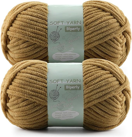 Chunky Chenille Yarn Velvet Soft Super Bulky Size 6 for Crocheting Knitting, Baby Blanket Yarn, 100g 71 Yds per Skein, Easy to Use for Scarves, Amigurumi, Crafts (2, Camel Color)