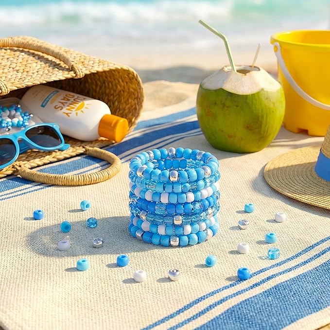 1000PCS Ocean Pony Beads Bulk – 6x9mm White, Silver Blue Glitter Kandi Beads for Bracelets, Jewelry, Hair Braids, Holiday Crafts & DIY Decorations