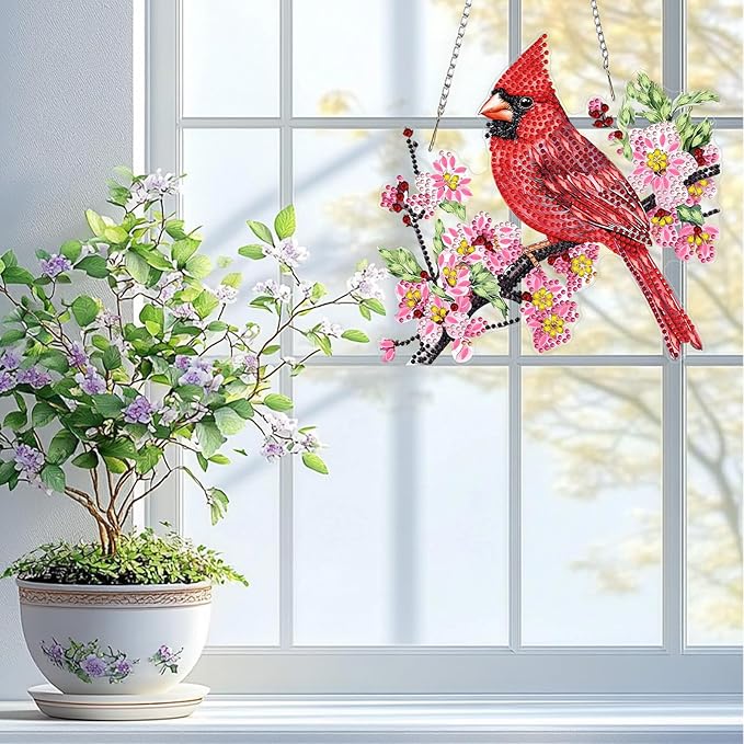 QENSPE Red Finches Diamond Art Hanging Kits for Adults, 5D Special Shape Diamond Paingting Ornaments with Chain, DIY Pink Flowers Crystal Window Pendants for Home Wall Decor Double Sided 8X8 inch