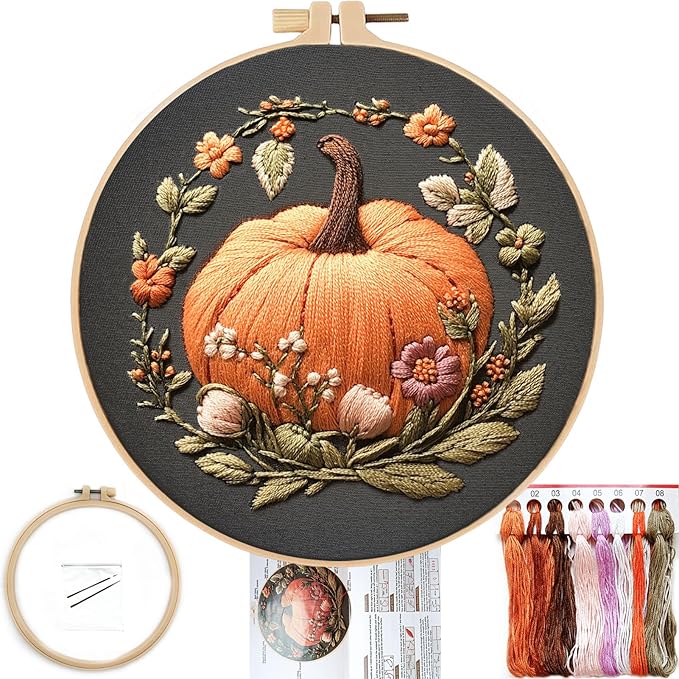 FONNUY Pumpkin Embroidery Kit for Beginners, Pre-Stamped Pattern Kits for Adults with Hoop, Easy to Follow Color Thread Needlework, 8'' Hoop (Orange)