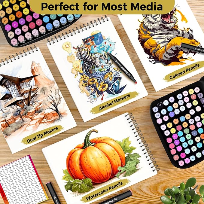 soucolor 100 sheets marker paper pad, 9"x12" bleedproof art sketch pad, 73lb/120gsm drawing paper spiral sketch book, alcohol marker paper painting coloring paper for adult, artists