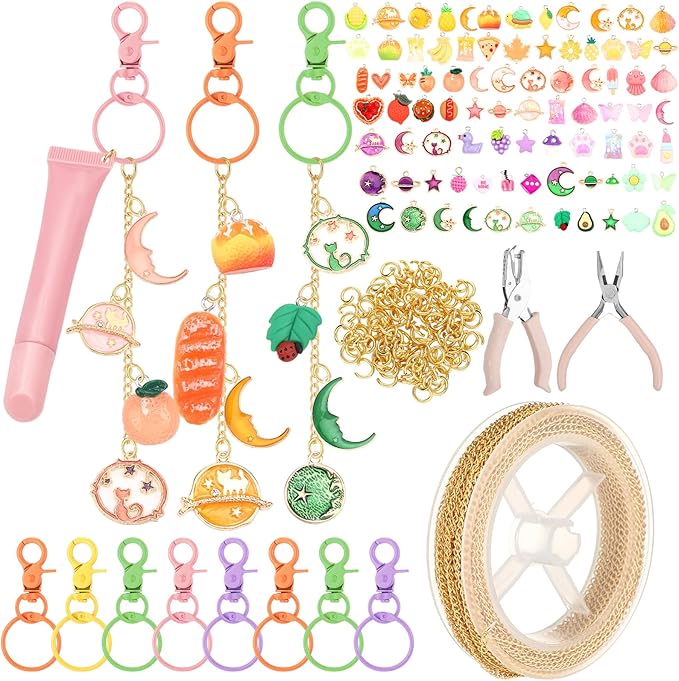 VioraWhite 213 Pcs Lip Gloss Keychain Making Kit 100 Pink Enamel Charms 32.81 ft Gold Chains for DIY Crafts Women(Cute)