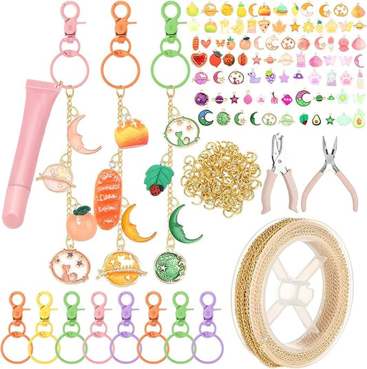 VioraWhite 213 Pcs Lip Gloss Keychain Making Kit 100 Pink Enamel Charms 32.81 ft Gold Chains for DIY Crafts Women(Cute)