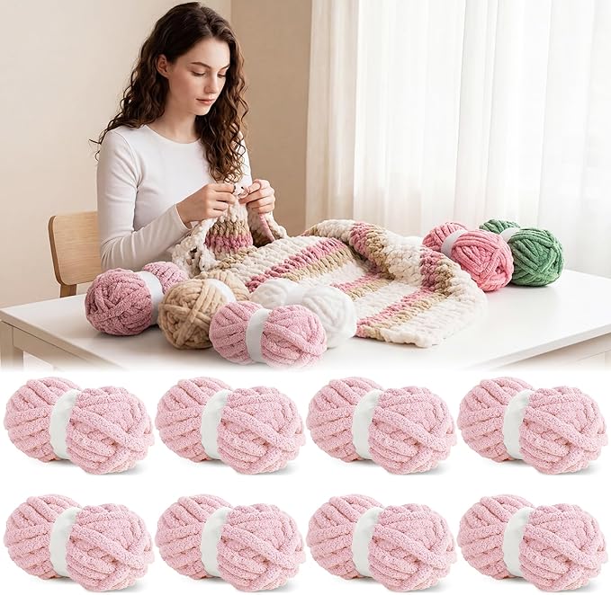 BALAPET 8 Pack Chunky Chenille Yarn for Crocheting & Knitting, 27yds 8 oz Each Skein Soft Fluffy Kitting Yarn Set, Thick Velvet Plush Yarn for Handcrafts Weaving Making Blankets, Pink