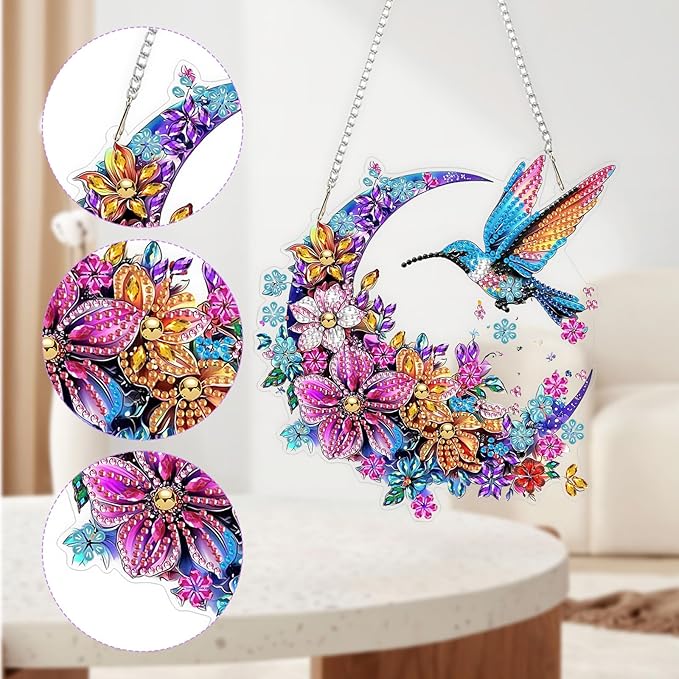 QENSPE Hummingbird Diamond Art Hanging Kits for Adults, 5D Moon & Flowers Special Shape Diamond Paingting Ornaments with Chain, DIY Crystal Window Pendants for Home Wall Decor Double Sided 8X8 inch