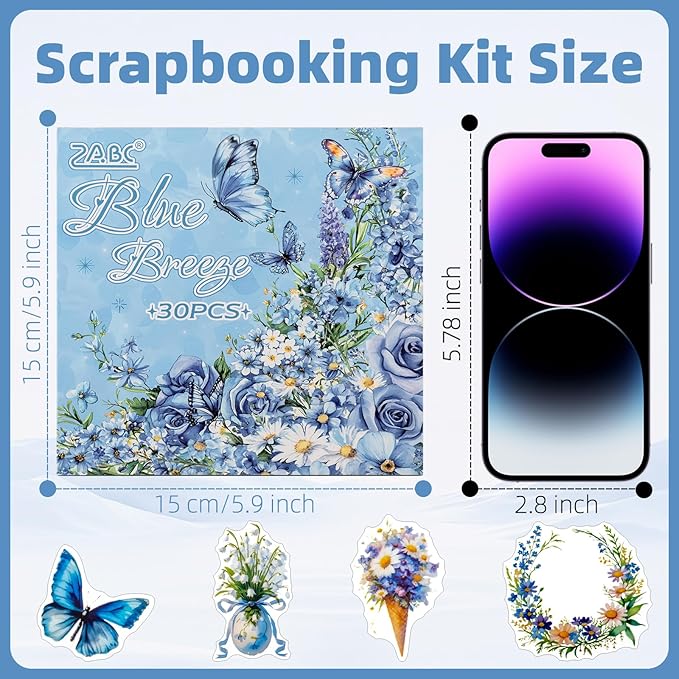 Blue Butterfly Garden Theme Sticker Scrapbooking Supplies for Junk Journal, 30 Sheets PET Stickers - Vintage Journaling Stickers, Ephemera Sticker Book Pre Cut(TZ-005-002)