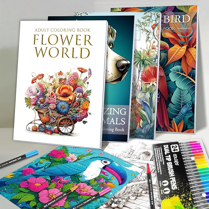 Coloring Book for Adults Relaxation, Mindfulness Coloring Book for Women with 24 Dual Tip Markers, Anxiety Relief Gifts for Women with 128 Patterns Include Plants Animals Flowers Garden Style (4 Pack)