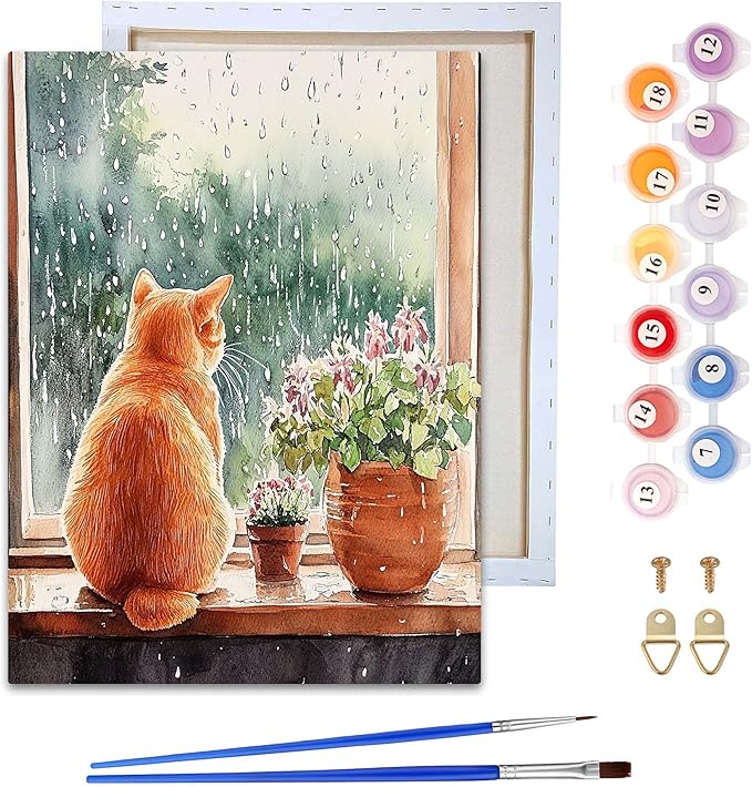 Reofrey Framed Paint by Numbers Kit for Adults & Beginner - 8x12 Inch Canvas Cat Animal Paint by Numbers - Educational & Creative Art Set for Beginners - Perfect for Home Wall Decoration C1887