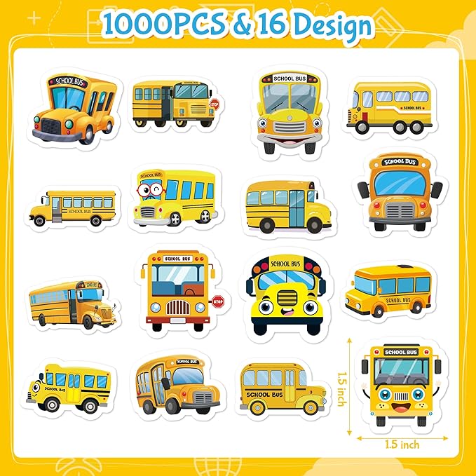 beyumi school bus roll stickers - 1000pcs school bus stickers in 2 rolls back to school waterproof vinyl cartoon transportation decals for laptop bottle notebook luggage computer classroom decor kids