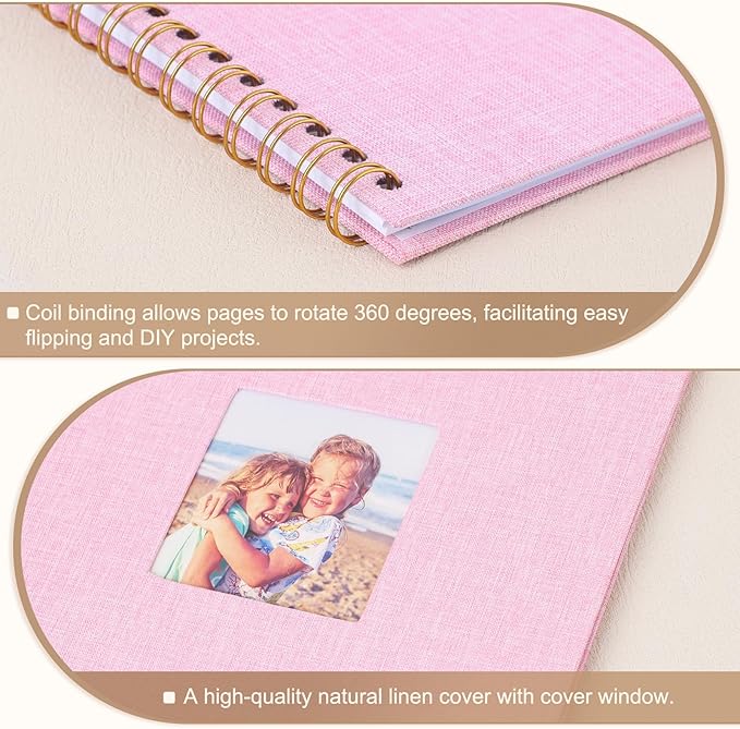 Scrapbook Photo Album 10x10 Inches 80 Pages Hardcover Kraft Paper Linen Cover Scrap Book Memory Book DIY Scrapbook Albums for Wedding Baby Boyfriend Travel Anniversary Family, Pink