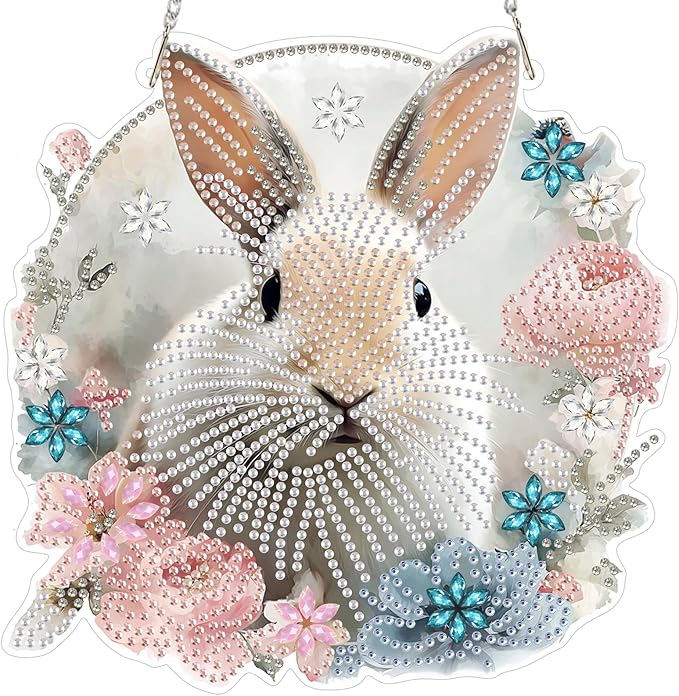 NEWENMO Hanging Diamond Art Kit for Adult, Cute Rabbit, 5D Special Shaped Rhinestone Diamond Painting Ornament, Bunny Easter, DIY Acrylic Diamond Art Painting Window Pendants Home Garden Wall Decor