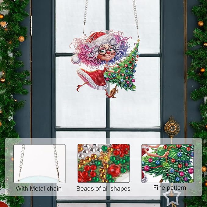 Christmas Diamond Art Pendant Kit, 5D DIY Hanging Diamond Painting for Adults, Santa Claus and Grandma with Christmas Tree, Crystal Ornament for Wall, Window, Door, Home Decor & Gift, 24.1x23.1 cm