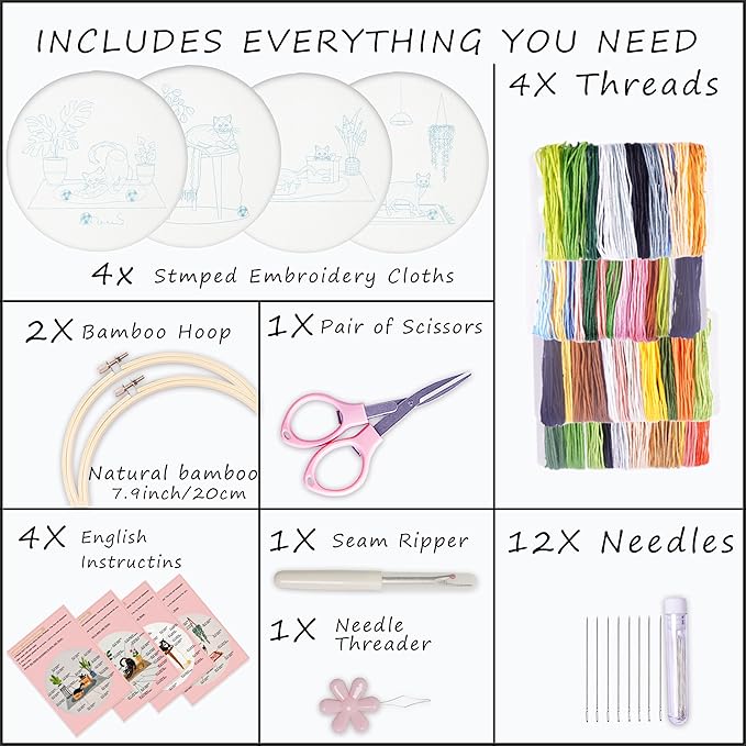 bonroy 4 sets embroidery set for beginners, art craft, easy sewing, includes embroidery clothing, pattern, embroidery hoop, instruction manual, colorful thread stitch set (cat)