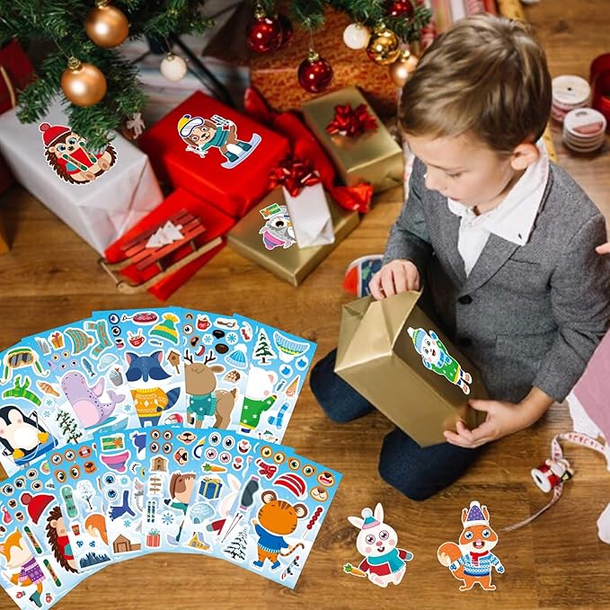 24 sheets winter stickers for kids toddlers, make-a-face sticker, make your own stickers with 12 designs of animal owl penguin snowman bear sticker for winter party decorations supplies