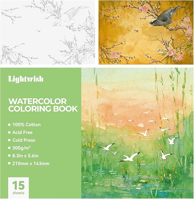 Lightwish Watercolor Coloring Book for Adults & Beginners,100% Cotton 300gsm/140lb Acid-Free Cold Press Paper, 8.3 x 5.6 Inches,15 Sheets,Bird-Themed