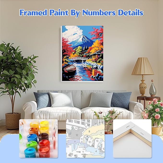 GHHKUD Mount Fuji Paint by Numbers with Frame for Adults Beginners, DIY Landscape Paint by Numbers for Age 6-12, Art on Canvas Gifts Home Wall Decor 8x12in